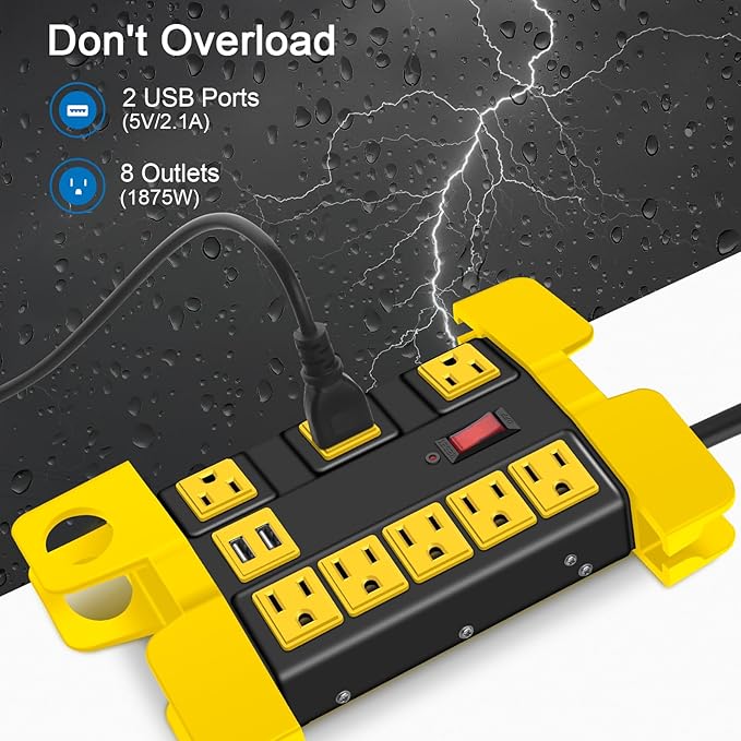 Heavy Duty Power Strip with USB, Workshop 8 Outlet Surge Protector 2700 Joules, Industrial Metal 15Amp Power Strip, 10 FT Extension Cord and Wide Spaced Black.