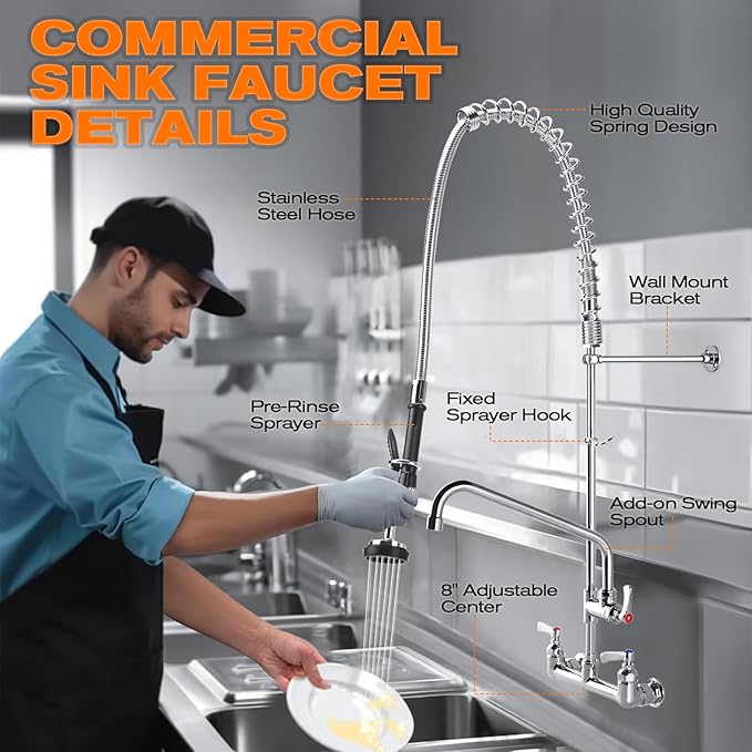 25" Height Commercial Faucet with Sprayer, 8" Adjustable Center & 12" Add-on Swing Spout, Wall Mount Pre-Rinse Commercial Sink Faucet Installation Kit for Commercial Restaurant Kitchen