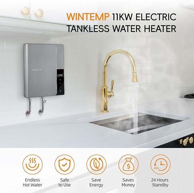 11kW 240V Tankless Water Heater Electric, On Demand Instant Hot Water Heater, Up to 2.6 GPM, with LED Temperature Display, Self-Modulating Technology ETL Certified