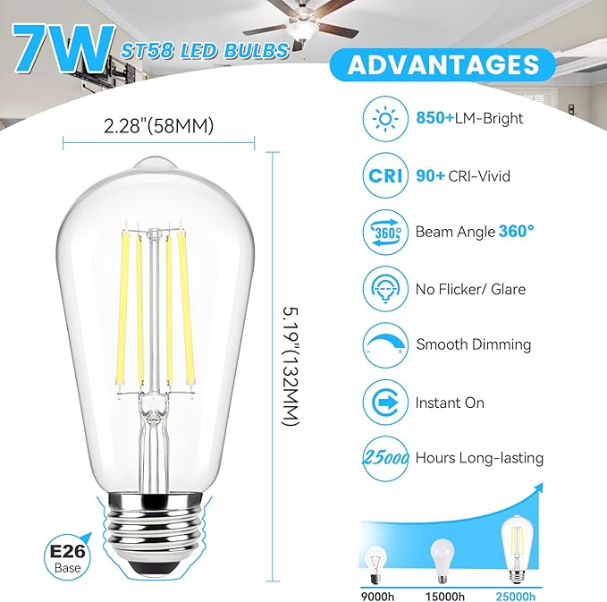 Brightever E26 LED Bulb 60 Watt Equivalent, 5000K Daylight White Dimmable Light Bulbs, 7W, 850LM Vintage Lights Bulb, 90+CRI, ST58 Clear Glass Antique Decor Filament Edison Bulb for Room, 6-Pack