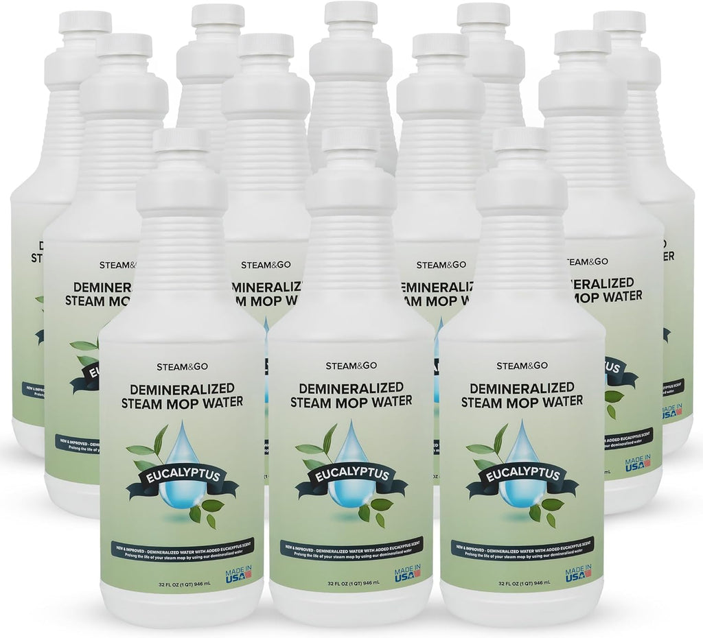 Steam and Go Demineralized Water - Multi-Surface Cleaning Solution for Steam Mop, Ready-to-Use Floor Cleaner, Ideal for Home & Office, Compatible w/Any Steam Mop - Eucalyptus Mint, 32oz, Pack of 12