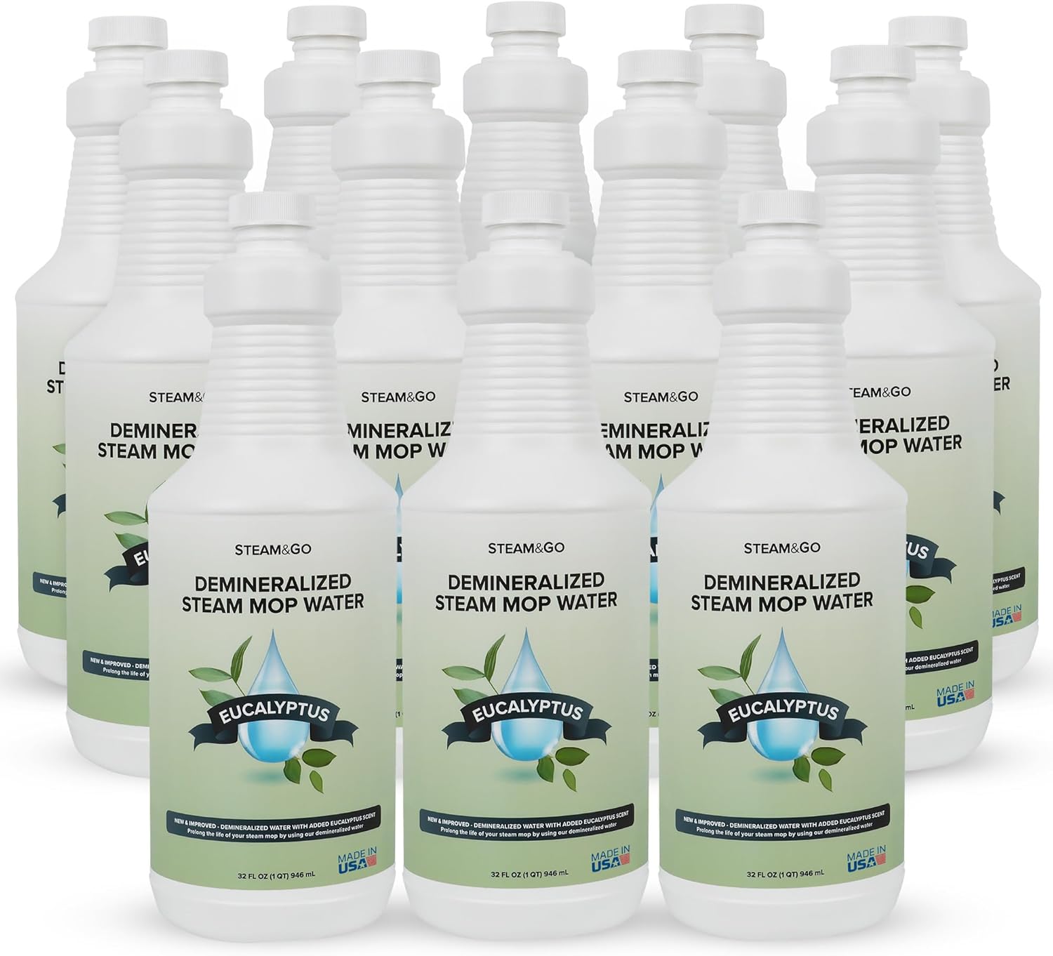 Steam and Go Demineralized Water - Multi-Surface Cleaning Solution for Steam Mop, Ready-to-Use Floor Cleaner, Ideal for Home & Office, Compatible w/Any Steam Mop - Eucalyptus Mint, 32oz, Pack of 12