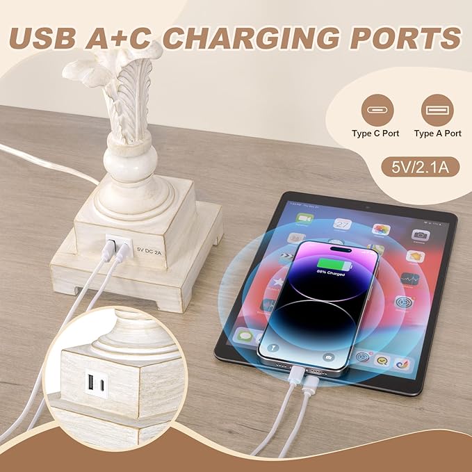 Vintage Table Lamps Set of 2, 3-Way Dimmable Touch Buffet Lamps with 2 USB Ports, 33'' Bedside Nightstand Lamps with Linen Shades, Rustic Farmhouse Table Lamps for Living Room Bedroom, Washed White