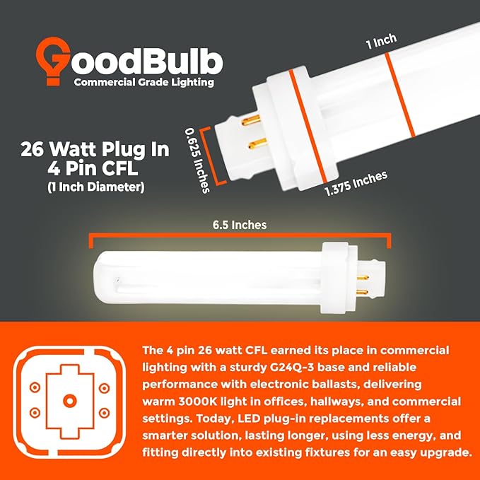 GoodBulb 26 Watt CFL Light Bulbs 4 Pin G24Q-3 Base 3000K Warm White 26W High Output 1800 Lumens Double Tube Compact Fluorescent Light Bulbs Plug-in 10 Pack