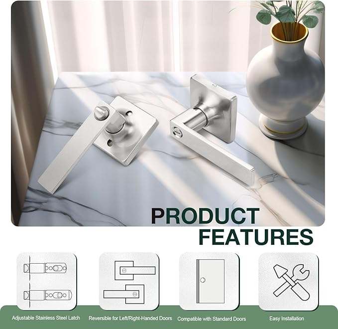 GOBEKOR 2 Pack Keyless Privacy Lever Door Handles Brushed Nickel Square Door Levers Bedroom Door Handle with Lock Straight Door Levers