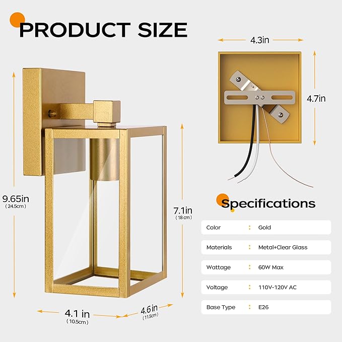 WIHTU Gold Outdoor Exterior Light Fixture for House, LED Front Porch Lights for House, Waterproof Wall Sconce Lantern Lamp, Outside Coach Lights for Patio, Garage, Doorway, Entryway