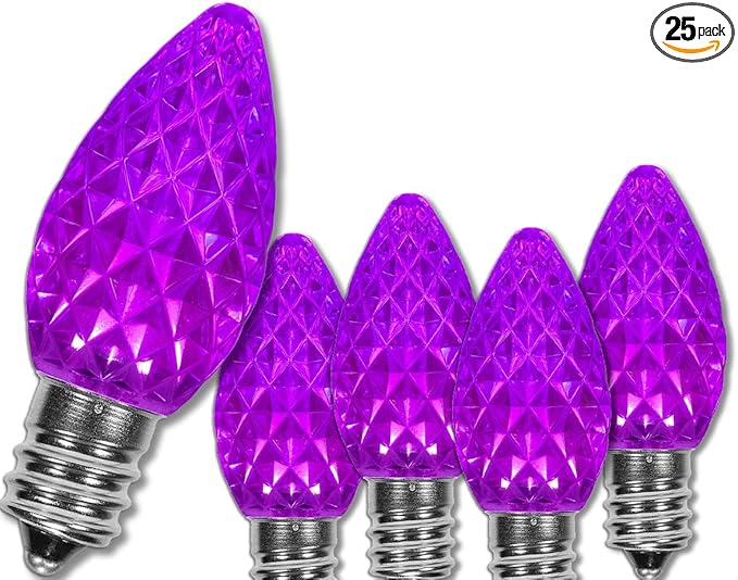 Wintergreen Lighting 25 Pack OptiCore C7 LED Christmas Light Bulbs - Replacement LED Christmas Lights Heavy Duty Premium Outdoor Christmas Lights, E12 Base (Purple Faceted)