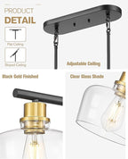 Emak Black and Gold Dining Room Light Fixture, Modern 32 Inch Kitchen Island Lighting with Clear Glass Shade, Farmhouse 3-Light Kitchen Pendant Lighting Over Island, Table, IL122-BKBGD-CG-3