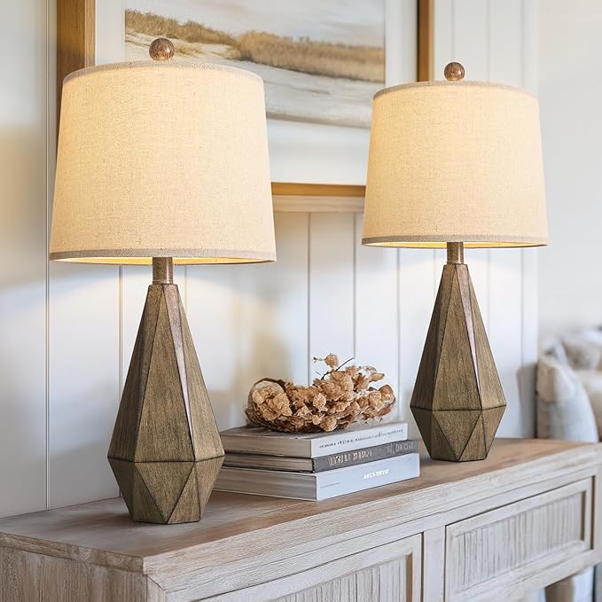 PoKat 23'' Farmhouse Table Lamps Set of 2, Brown Rustic Lamps for Living Room Bedroom Night Stands, Bedside Nightstands Living Room Table Lamps for End Side Table, Dark Wood Grain