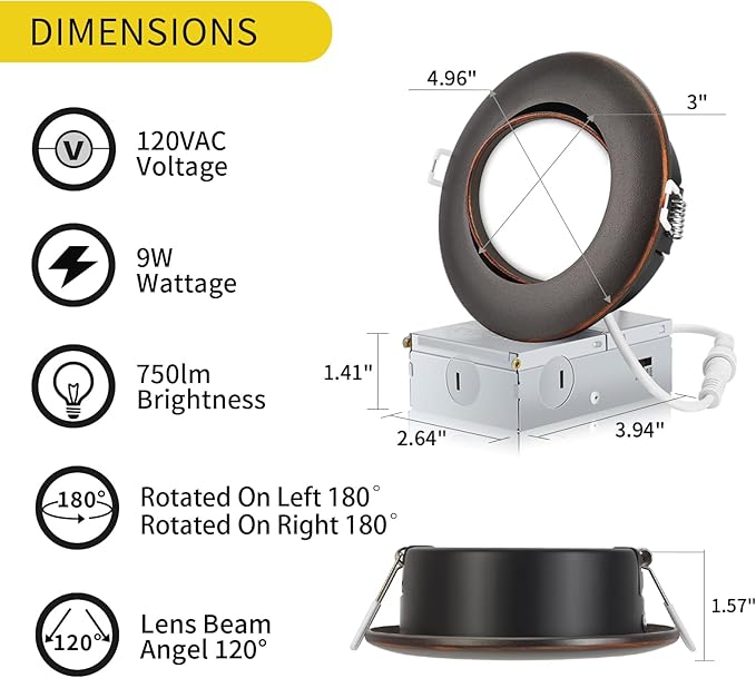 Oil Rubbed Bronze 4 Inch Led Recessed Lights 6 Pack,Ajustable Led Eyeball Gimbal Lights,4 Inch Ceiling Light with Junction Box,5CCT Selectable,9W 750LM,Dimmable
