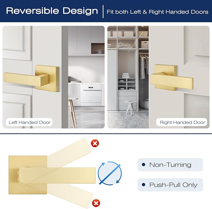 EHOMEWARE 3 Pack Dummy Door Levers in Satin Brass Finish, Heavy Duty Non-Turning Interior Door Handles, Reversible Half Dummy Levers for Closet Pantry
