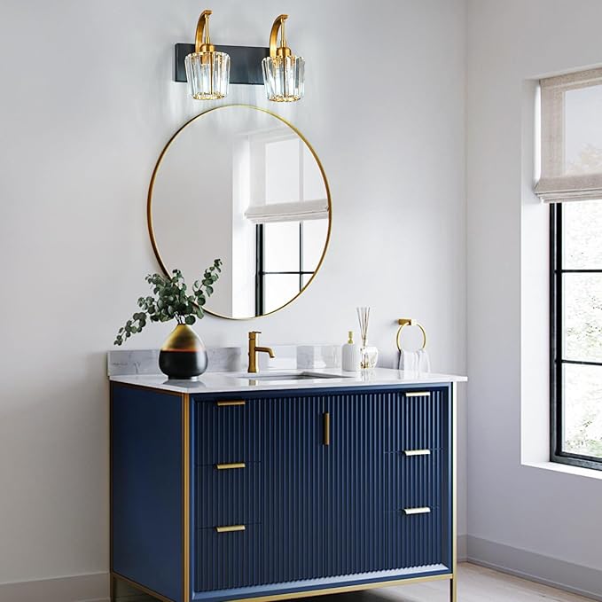 Modern Bathroom Vanity Light, 2-Light Black Gold Wall Sconce with Crystal Accents, Over Mirror Bathroom Lighting Fixture, 13.77" Long Dimmable Vanity Lamp for Makeup, Easy Installation