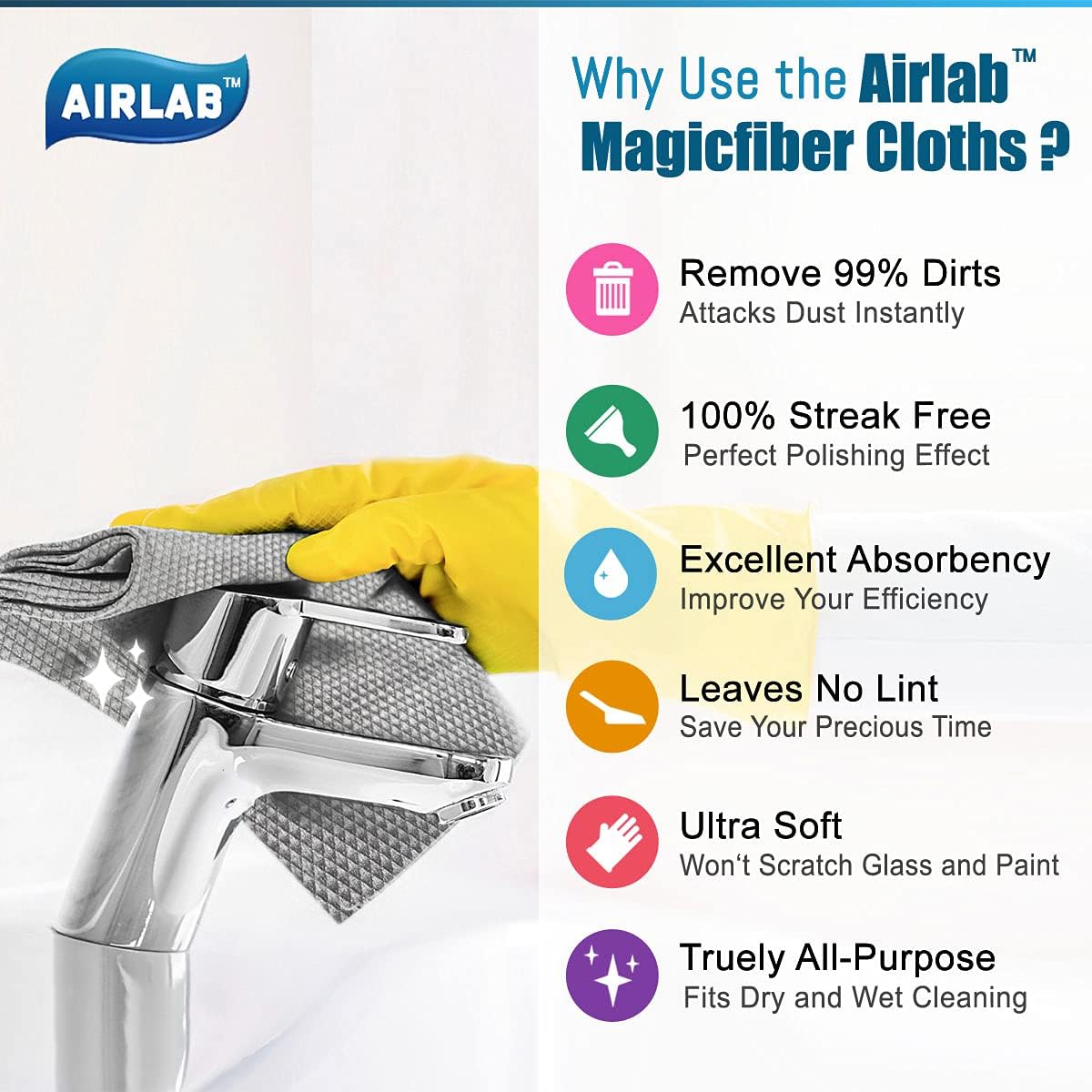 Airlab Streak Free Miracle Cleaning Cloths Easy Clean Nanoscale, Pack of 8, 12'' x 16'', Microfiber Polishing Windows Glass Lint Free Rags Stainless Steel Car Kitchen Reusable