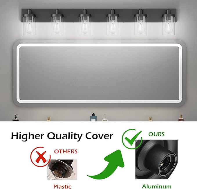 Aipsun 48in Vanity Light Black Bathroom Vanity Lighting Fixtures 6 Light Bathroom Light Fixtures with Clear Glass Shade(Exclude Bulb)