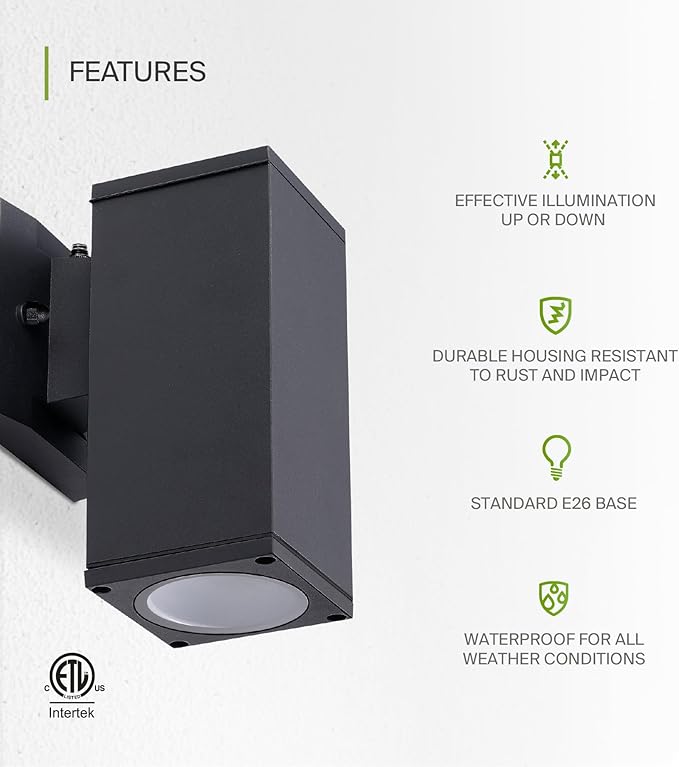 ASD 1 Light Square Dusk to Dawn Outdoor Wall Light Fixture | 60W E26 Bulb Socket 120V ETL Cylinder Up Down Lights | LED/CFL/Incandescent Bulb Wall Sconce | Front Door, Porch, Patio | Black, 2 Pack