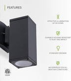 ASD 1 Light Square Dusk to Dawn Outdoor Wall Light Fixture | 60W E26 Bulb Socket 120V ETL Cylinder Up Down Lights | LED/CFL/Incandescent Bulb Wall Sconce | Front Door, Porch, Patio | Black