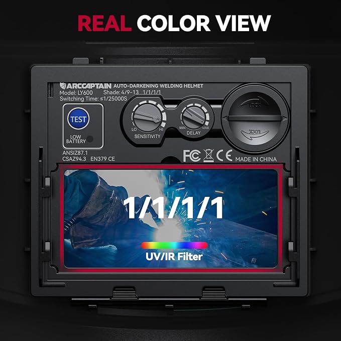 ARCCAPTAIN True Color Auto Darkening Welding Helmet with Upgraded Arc Sensor, 1/1/1/1 Top Optical Clarity Solar Power Welding Hood, 1/25000s Response Time, 4/9-13 for TIG MIG ARC Welding Mask, Rivet