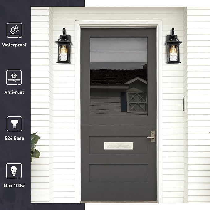 zeyu 15 Inch Outdoor Wall Lights Exterior, Outdoor Patio Light Fixture for Garden Porch, Die-Cast Aluminum with Water Ripple Glass, Black Finish, ZD100B BK-WP