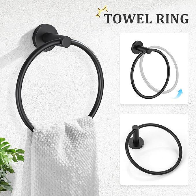 TURS Matte Black Bathroom Hardware Set 5 Piece, SUS304 Stainless Steel Bath Towel Bar Set, 24 Inch Bathroom Accessories Kit Wall Mounted