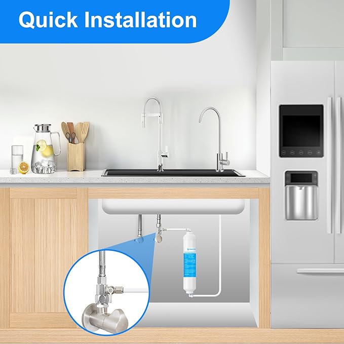 Under Sink Water Filter - Water Filter with Faucet and Feed Valve for Home Bar and Washbasin,Reduce Chlorine,Bad Taste&Odor,A Perfect Choice for Countertop Ice Maker,Coffee Maker and Skin Care
