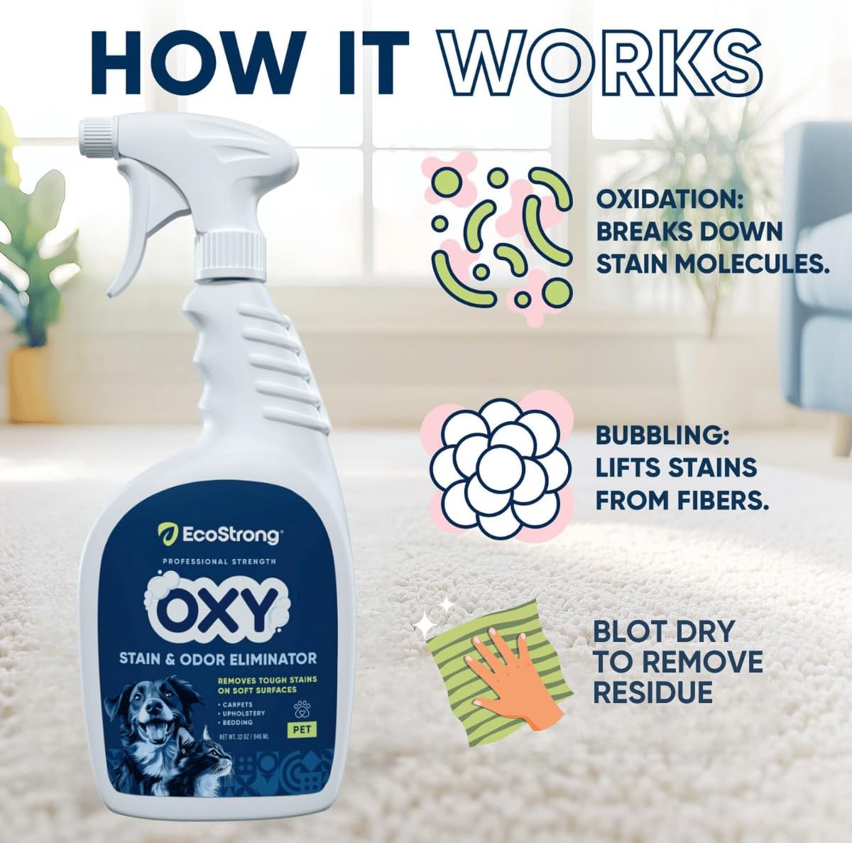 Oxy Pet Carpet Cleaner Spray | Pet Stain Remover for Pet Urine, Cat Pee, Dog Poop | Deep Spot Treating Action on Carpeting, Upholstery, Laundry, Pet Beds & More (32 Fl Oz)