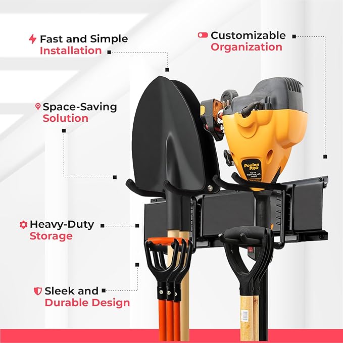 Heavy-Duty Garage Wall Storage System | Wall Mounted Tool Organizer Rack with Shelving | 10-Piece Mounting Kit | Includes 4x10” Double-Layered Hooks & 2x16.5” Floating Utility Shelves