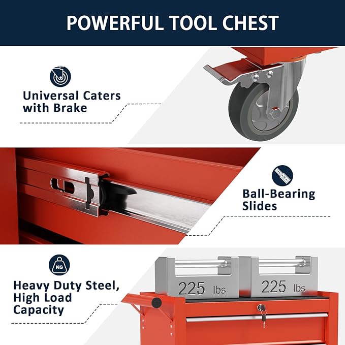 5-Drawer Metal Rolling Tool Chest with Wheels,Tool Storage Cabinet with Locking System，Toolbox with Wheels for Garage, Warehouse, Workshop, Repair Shop (Red, 5-Drawer)