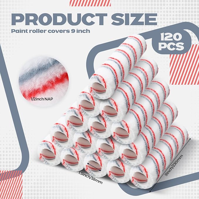 Leumoi 120 Pcs Paint Roller Covers, 1/2 Nap 9" Roller Covers, High Capacity Microfiber Naps for Wall Paint Kit Home Repair Tools Painting Supplies(Red Gray)