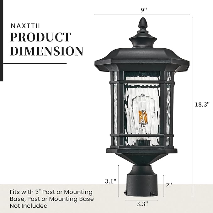 Outdoor Post Light 18.3" Waterproof Pole Light with Water Ripple Glass for Garden Patio Pathway E26 Socket