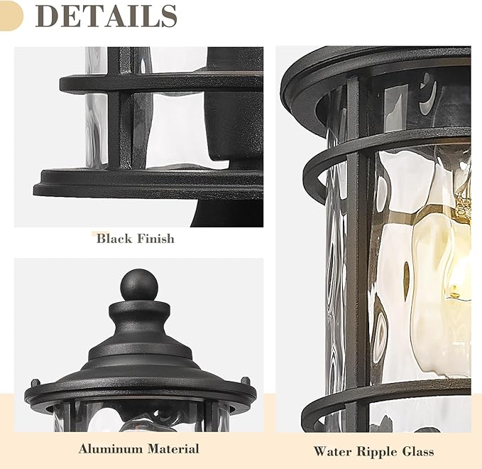 Emliviar Outdoor Post Lighting, 15 Inch Modern Vintage Exterior Pole Lantern for House Garden, Lamp Post Light with Water Ripple Glass, Black Finish, XE229P-WG BK