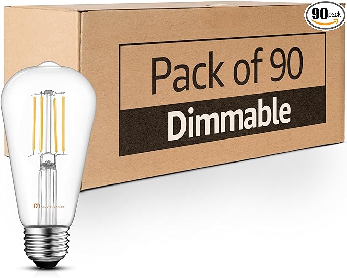 MASTERY MART 90 Pack Vintage LED Edison Bulbs, E26 Led Bulb 5.5W Equivalent to 60W, Dimmable, 4000K Cool White, High Brightness ST58 Antique LED Filament Bulbs, Clear Glass