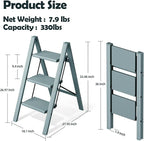 Taranta 3 Step Ladder,Aluminum Lightweight Folding 3 Step Stool with Anti-Slip Wide Pedal,330lbs Capacity Step Ladder for Household,Kitchen,Office - Serene Blue