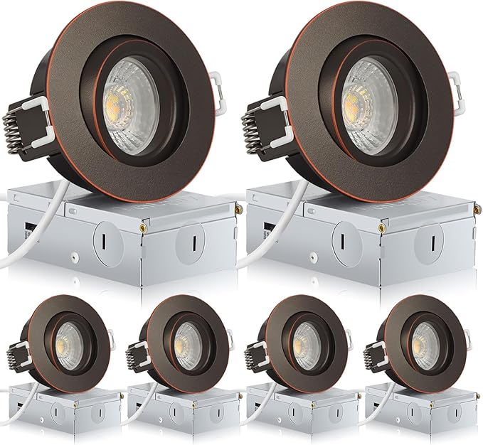 Bronze 3 Inch Recessed Lighting 6 Pack, Ajustable Eyeball recessed Light with Junction Box,5 Color Selectable,Airtight,7W 550LM,Dimmable,Bronze