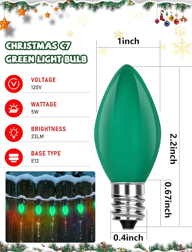50 Pack C7 Ceramic Green Christmas Replacement Bulbs, 5 Watt Incandescent Bulbs for Outdoor String Lights, C7 Christmas Night Light Bulbs for Porch Patio Garden Holiday Decor, E12 Intermediate Base