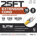 Iron Forge Cable Weatherproof 25 Ft Outdoor Extension Cord - 16/3 SJTW 13 Amp Heavy Duty Highly Visible Yellow Extension Cord 3 Prong - Lighted End