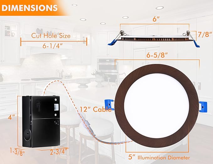 Cloudy Bay 6 inch 3000K/ 4000K/ 5000K Three Color Temperature Selectable,Dimmable 15W CRI90+,Ultra Thin LED Recessed Light with Junction Box,IC Rated, Canless Wafer Downlight, Oil Rubbed Bronze,6 Pack