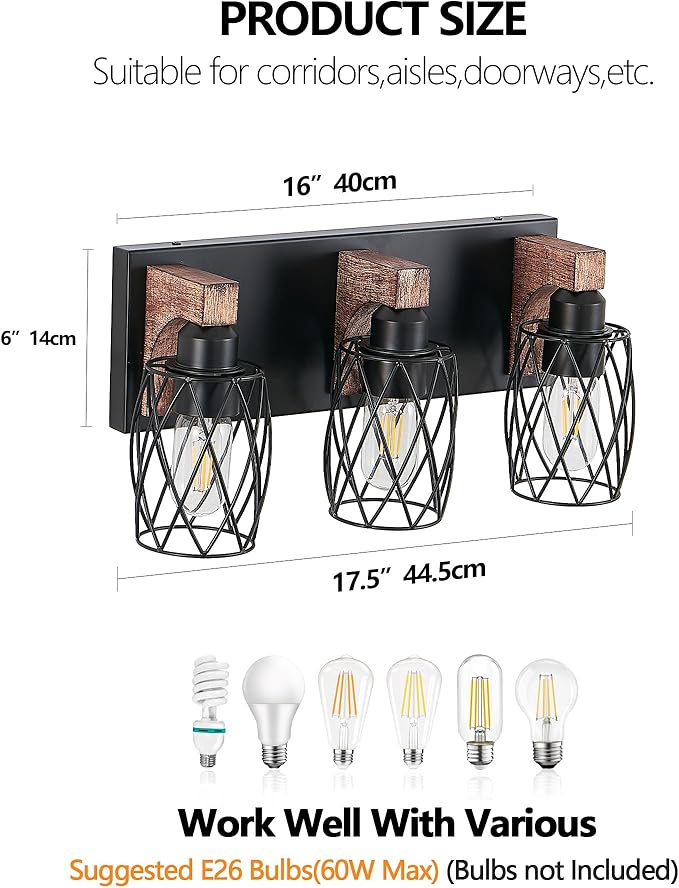 3-Light Vanity Light, Black Metal Bathroom Light Fixtures, Wall Sconce with Wood Accent, 16 inch Wide Bathroom Lighting Fixtures Over Mirror for Living Room, Bedroom, Hallway(Black, 3-Light)