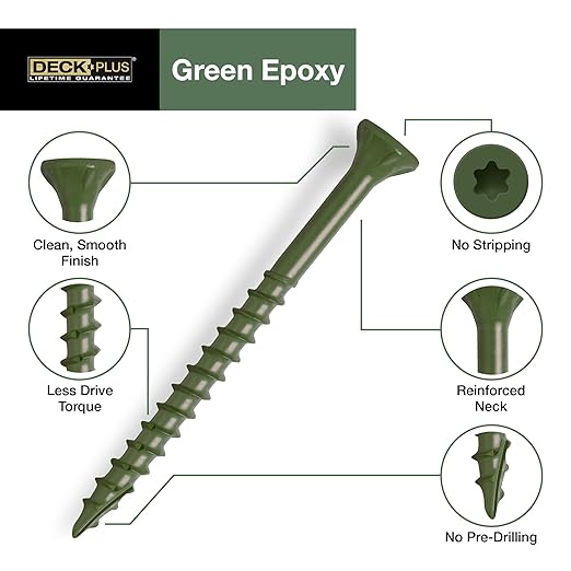 Deck Plus 1-1/4 Inch Epoxy Coated Exterior Wood and Fence Screws #8 x 1-1/4" Torx/Star Drive Included Coarse Thread, Outdoor Rust Resistant Decking Screw, Green, 1lb Box, 186 Pieces | 48396