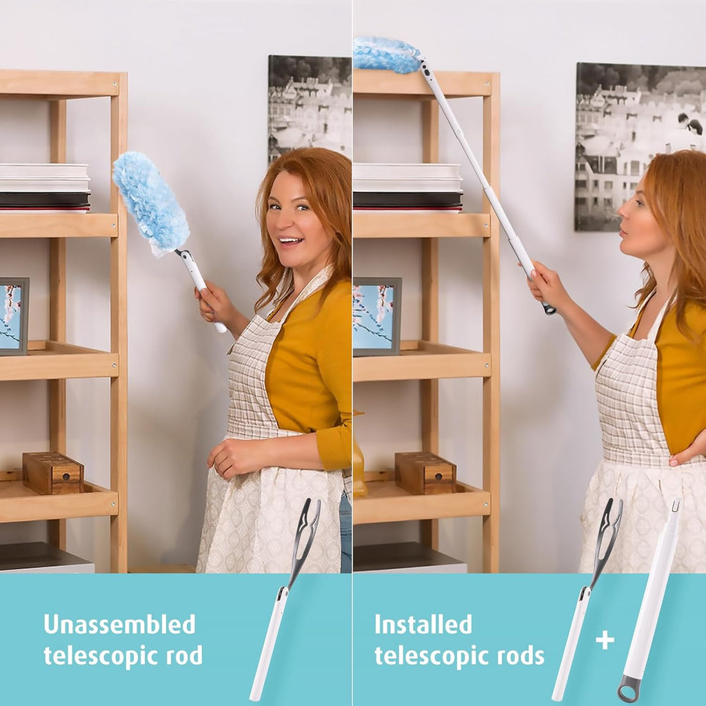 60 Count Heavy Duty Duster Refills with Two 3 ft Extendable Handle Starter Kit, Compatible with Swiffer Disposable Microfiber Feather Dusters for Cleaning Home