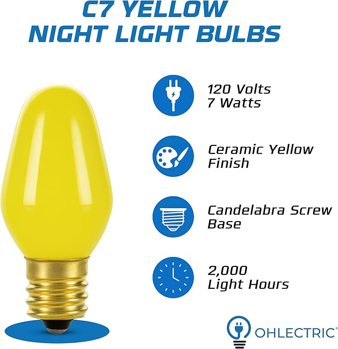 OHLECTRIC Night Light Bulbs (24-Pack – Yellow), 7 Watt Mini Bulbs – E12 Candelabra Base, Non-Dimmable, 120 Volts – C7 Night Light Lamp Replacement Bulb for Salt Lamps, Window Candles, Holiday Decor