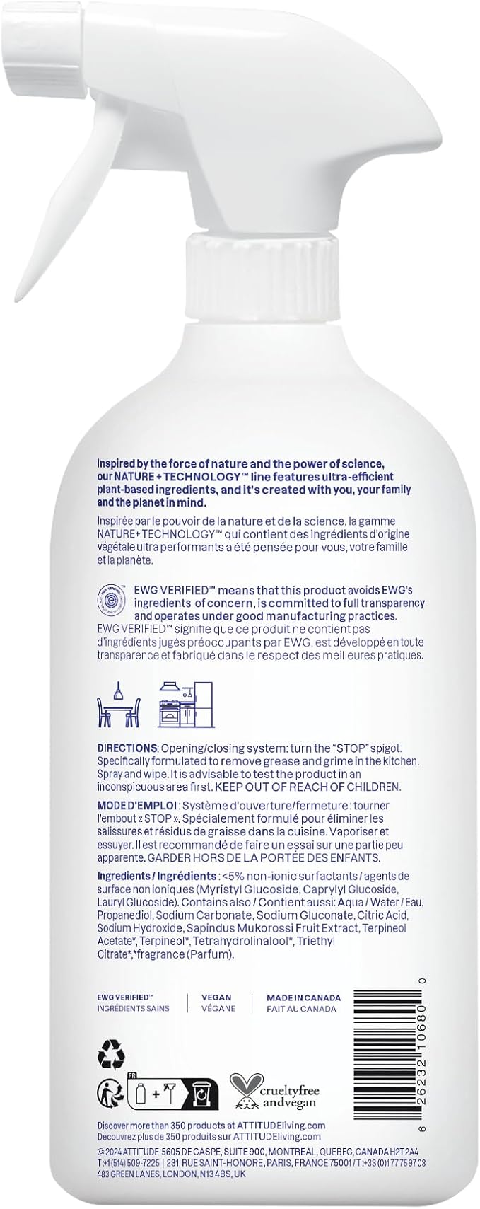 ATTITUDE Kitchen Cleaner Spray, EWG Verified, Powerful Degreaser, Cuts Grease & Grime, Plant-Based & Vegan, Citrus Zest Scent, 27.1 Fl Oz (Pack of 3)