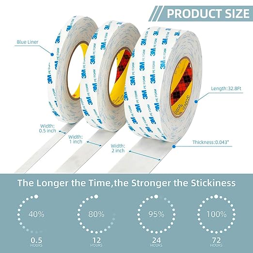 3M Double Sided Tape 0.5 in x 16.5ft PE Foam Tape Strips for Crafts Picture Hanging Poster Alarm Sensor Arts DIY Home Deco