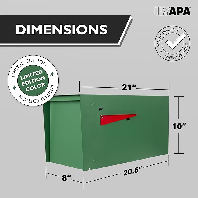 Ilyapa Modern Mailbox for Outside Post Mount - Green Powder Coated Metal Mailbox, Waterproof Letter Box for Parcels, with Recessed Magnetic Close Door