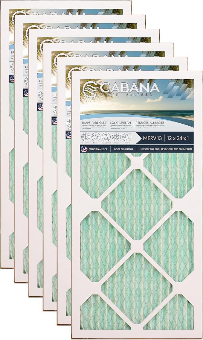 Cabana Filters 6-Pack 12x24x1 MERV 13 AC Furnace Air Filter for Home and Office - Indoor HVAC System Filtration Replacement, Captures Unwanted Particles