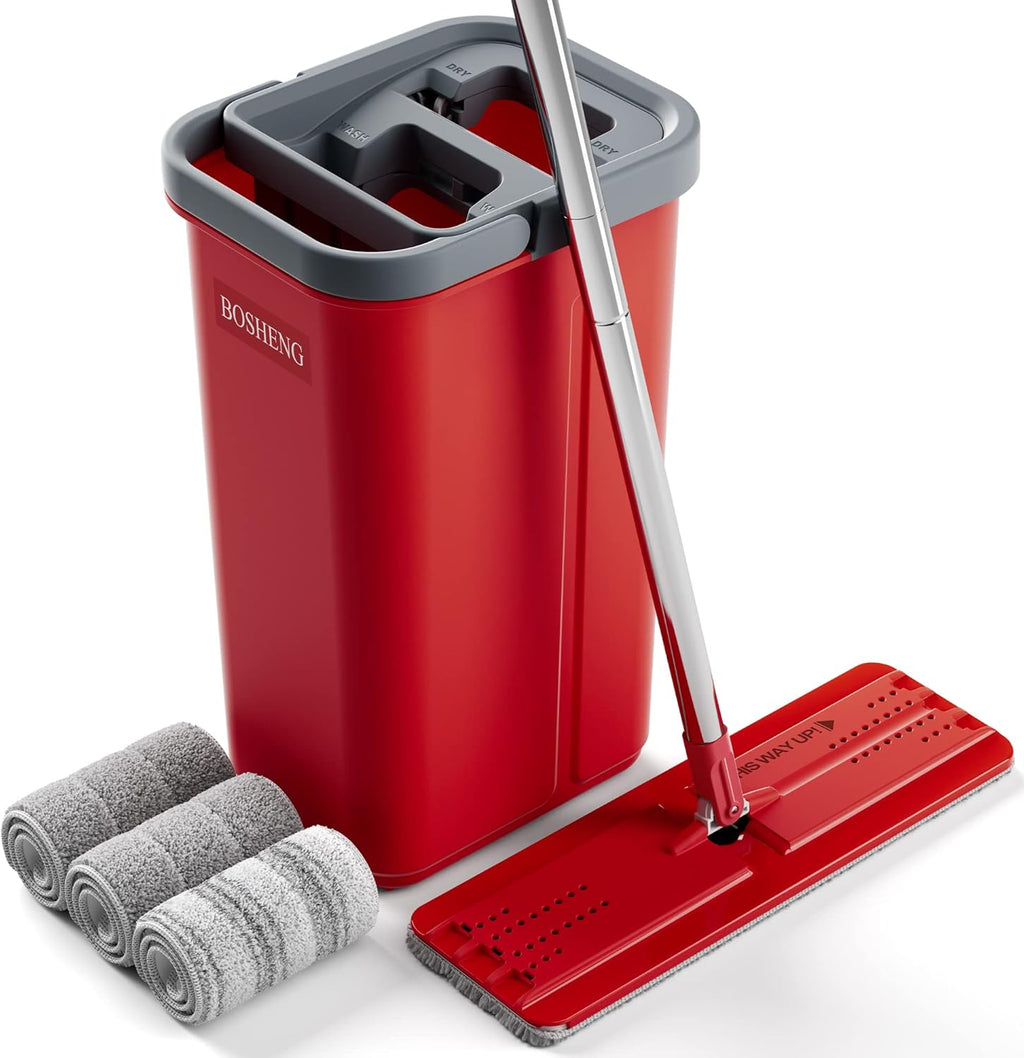 Mop and Bucket with Wringer Set, Flat Mop and Bucket, Squeeze Floor Mop with 3 Washable Microfiber Mops, Wet and Dry Use, Household Cleaning Tools, for Hardwood Floor, Laminate, Tile