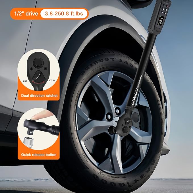 Digital Torque Wrench 1/2 Drive, 3.8-250.8 Ft.lb Range, 1/2 Digital Torque Wrench ±1% Accuracy with Vibration, Buzzer and LED Alert, Suitable for Car, Motorcycle and Bicycle