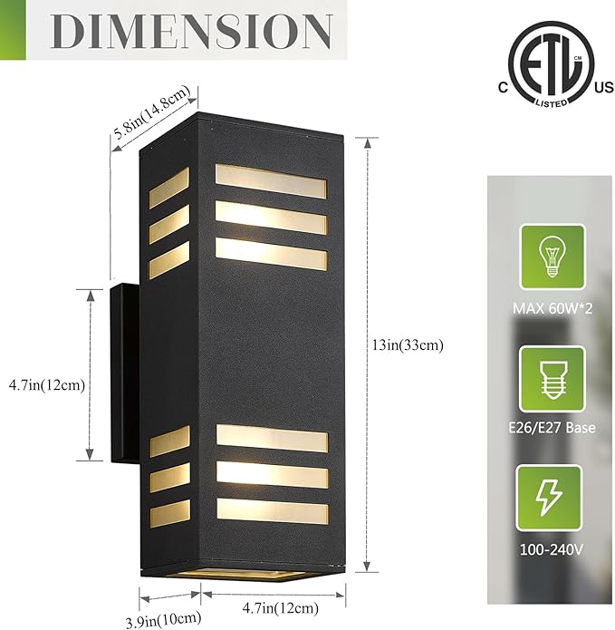 harriet Porch Lights Outdoor Modern - IP64 Waterproof Aluminum and Tempered Glass Cover, 13" Rectangular Up/Down Wall Sconce for Porch, Garage & Patio, Exterior Lighting, Black, 2 Pack