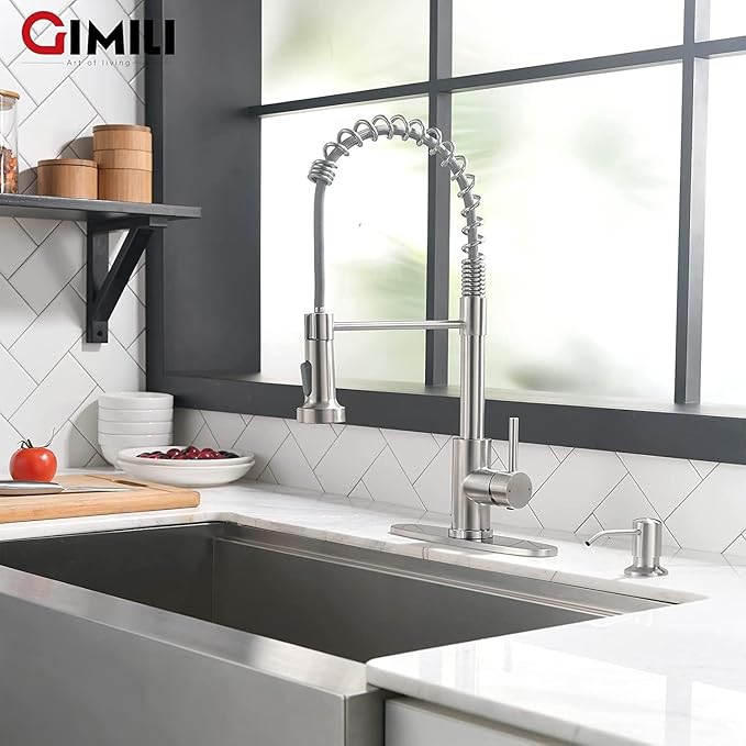 GIMILI Kitchen Faucet with Soap Dispenser, Commercial Single Handle Spring Brushed Nickel Pull Out Kitchen Sink Faucets with Pull Down Sprayer