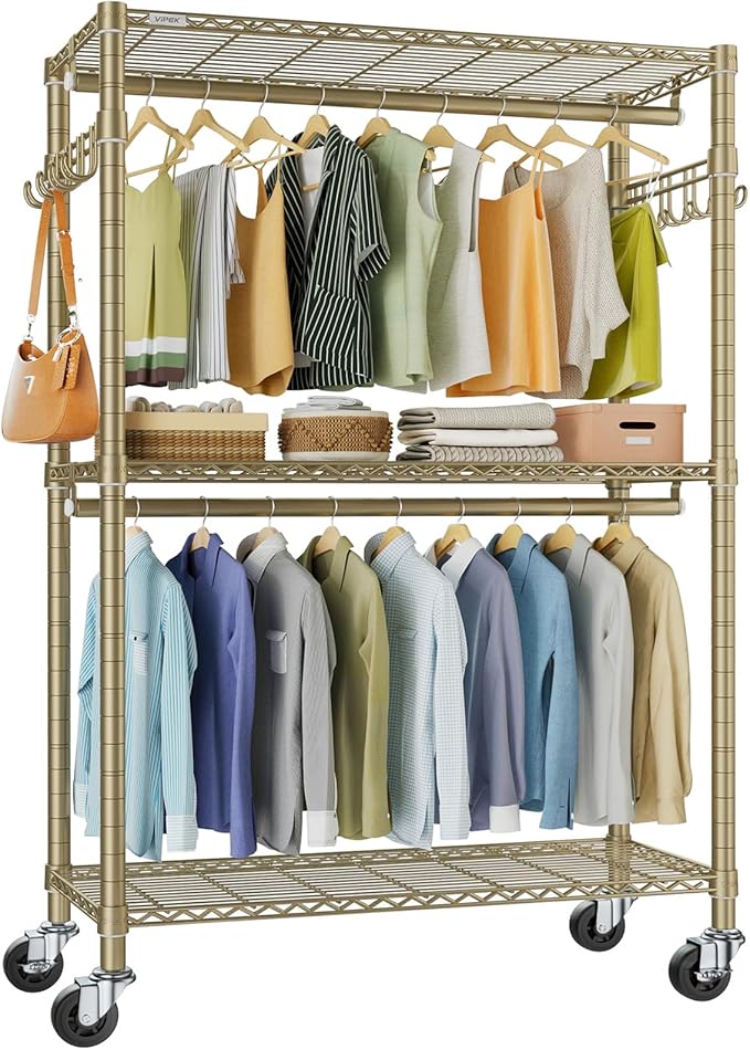 VIPEK R2 Plus Rolling Clothes Rack for Hanging Clothes Heavy Duty Garment Rack 3 Tiers Adjustable Wire Shelving Clothing Racks with Double Hanging Rods, Closet Organizers and Storage, Gold