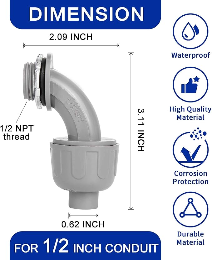 (20 Pack) Yariwiz 1/2 Plastic Liquid Tight Conduit 90 Degree Elbow